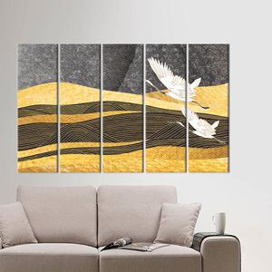 Toile d'art moderne avec des cigognes jaunes en vol - Décoration imprimée élégante, 5P : Prête à accrocher - Product Image 1