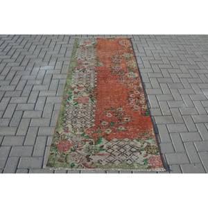 Alfombra turca vintage con área grande de 3,1x7,4 pies, diseño de retazos rectangulares en material de lana verde naranja, respaldo de látex para habitación de pasillo - Product Image 1