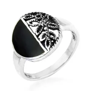 925 Sterling Silver <b>Black</b> Onyx <b>Ring</b> for <b>Women</b> Statement Fine Jewelry with Natural Stone Rhodium Plated Cut Set Inlay Technology - Product Image 2