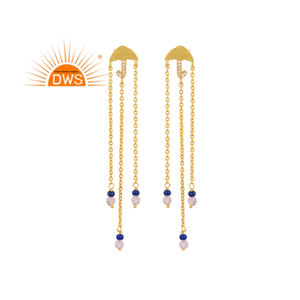 Best Quality Sterling Silver Gold Plated Cz, Lapis Lazuli & Crystal Quartz Gemstone <b>Dangle</b> <b>Earring</b> Demi <b>Fine</b> Jewelry Manufacture - Product Image 1