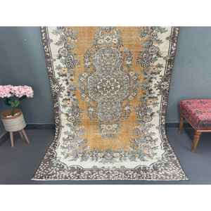 Alfombra Turca de 4.8x8.5 pies, Alfombra Vintage Grande, Alfombra Oriental de Lana Amarilla - Product Image 1