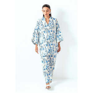 ชุดเซ็ต 2 ชิ้น เสื้อผ้าชีฟองพิมพ์ลายริ้วสีขาวสไตล์ลำลองสำหรับผู้หญิง แขนสามส่วน เหมาะสำหรับฤดูใบไม้ผลิ/ฤดูร้อน - Product Image 2