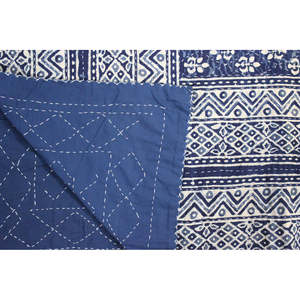 100% Cotton Indigo Hand Block Print Kantha <b>Quilt</b> <b>Handmade</b> Double Size Traditional Indian Home Decor Bedcover Embroidered Duvet - Product Image 2