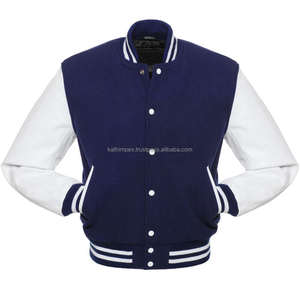 Veste universitaire unisexe bleu marine en laine avec manches en cuir blanc Broderie personnalisée Fermeture à bouton pression Stock prêt Printemps - Product Image 1