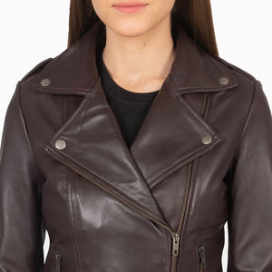Veste de motard en cuir véritable marron foncé pour femmes | Vêtements d'extérieur personnalisés à la mode Slim Fit | Fournisseur en gros d'usine OEM ODM - Product Image 6