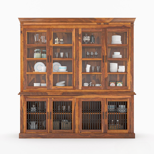 Aparador de Cocina Antiguo de Madera de Teca Maciza Ecológica con Puertas de Vidrio y Rejilla de Hierro, Estilo Rústico Hecho a Mano para Comedor, Java - Product Image 3