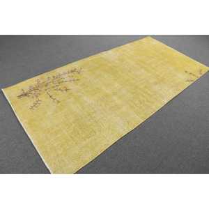 3.9x8.2 ft Rug, Turkish Rug, Vintage <b>Yellow</b> <b>Wool</b> Striped Rug - Product Image 4