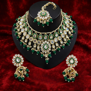 Gold Plated Alloy Ethnic <b>Bridal</b> Choker <b>Necklace</b> <b>Set</b> Emerald White Enamel Pearl Drop Jhumka Earrings Engagement Gift Wedding - Product Image 2