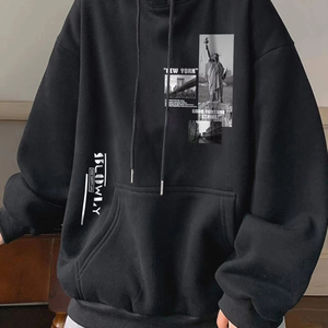 เสื้อฮู้ดกันหนาวลำลองโอเวอร์ไซส์สำหรับผู้ชายดีไซน์ปักลายมีฮู้ดปกยาวพิมพ์ลายดิจิตอลสีพื้น - Product Image 1