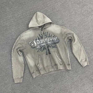 Custom Distressed Washed <b>Thick</b> Cotton Vintage Zip up Hoodies Custom Screen Printing Heavyweight Sun-faded Rhinestone <b>Men</b> <b>Hoodie</b> - Product Image 6