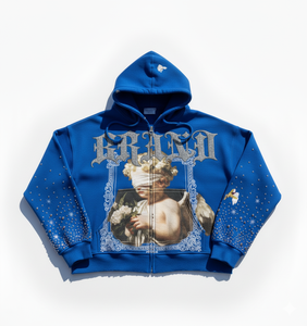 100% Cotton Custom Rhinestone Zip Fleece Men's Heavyweight Oversized Blue Full Zip Breathable Sweatshirt Wholesale Manufacturer - Product Image 1