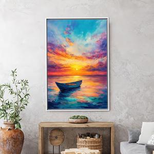 Toile colorée avec bateau et coucher de soleil : impression de paysage marin vibrant pour une décoration relaxante, encadrée de blanc - Product Image 1