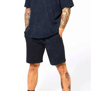 Conjunto de dos piezas con estampado de logotipo personalizado bordado Vintage 100% algodón precio bajo lavado ácido hombres camisas y pantalones cortos conjunto de hombres - Product Image 4