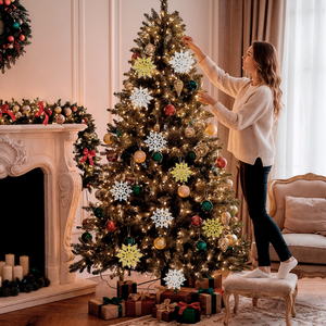 Nastro natalizio trasparente dorato con motivi natalizi e 30 ornamenti a forma di fiocco di neve in plastica oro, argento e grigio - Product Image 6