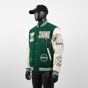 Veste universitaire en laine de haute qualité Corps vert Manches à panneaux crème Broderie en chenille Logo personnalisé Veste universitaire pour hommes - Product Image 4