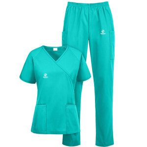 V <b>Neck</b> Women's Scrubs Uniforms Sets Stand Collar 6-Pocket Medical Scrubs Short Sleeve <b>Mock</b> Wrap <b>Top</b> Cotton Twill High Quality - Product Image 1