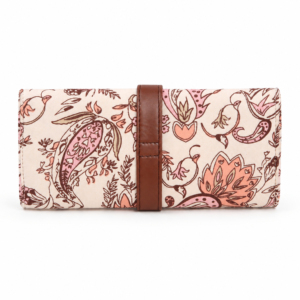 Vintage Floral Print Long <b>Wallet</b> <b>for</b> <b>Women</b> Buckle Closure Brown Leather Trim - Product Image 3
