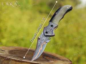 Cuchillo plegable de acero damasco y cobre de alta calidad, cómodo mango de cuerno Ram, el mejor diseño para un agarre fuerte OEM personalizable para - Product Image 6
