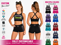 Ensemble de soutien-gorge et short de cheerleading personnalisé avec logo CHEER en strass, dos croisé, short moulant, ensemble d'entraînement de cheerleading