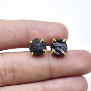 Black Tourmaline Prong <b>Set</b> <b>Stud</b> <b>Earrings</b> Rough Gemstone <b>Earrings</b> For Women Gold Plated Jewelry Valentines Gift - Product Image 3