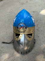 Casco medieval de Pan de Azúcar, recreación de acero, casco con visera Bascinet Medieval SCA, esmalte plateado y azul con disfraz de Halloween