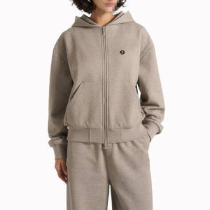 Women Taupe Beige Full Zip Fleece Hoodie <b>Jogger</b> Set Straight Leg Two Piece Tracksuit for Private Label OEM Wholesale - Product Image 2