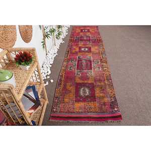 Vintage Turkish Rug, 2.8x11.1 ft <b>Runner</b> Rug, <b>Red</b> Herki Moroccan Rug - Product Image 1