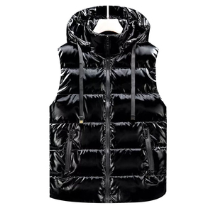 Top à la mode Nylon brillant bouffant sans manches gilet à capuche fermeture éclair poches épais et chaud hommes rembourré sport Gilet et vestes Style de rue - Product Image 3