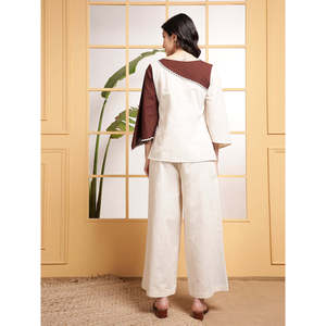 DEEBACO Women's Solid Off <b>White</b> Cotton Embroidered Patch Work Co-Ord <b>Set</b> Boat Neck Flared Sleeves Top and Ankle Length Trouser - Product Image 5