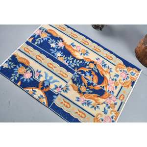 Tapis turc vintage bleu orange classique 3x4ft laine grande surface avec motif abstrait pour adolescents support en latex pour utilisation dans le couloir - Product Image 4