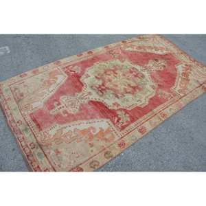 Alfombra Turca Vintage de Lana Roja y Beige de 4 x 7.7 pies, Ecológica, Tradicional, Grande, Clásica, Abstracta, con Diseño de Patchwork, Rectangular, para Pasillo - Product Image 2