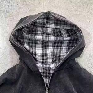 Sweat à capuche zippé pour homme personnalisé, 100% coton, 360 g/m², flanelle à carreaux, réversible, motif délavé, col uni - Product Image 3