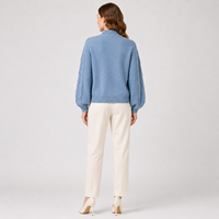 Prix d'usine, pull en laine tricoté pour femmes, couleur bleue, taille oversize, 5GG, pull chaud avec manches bouffantes