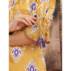 Women's Yellow Satin Chinnon Kurta with Three-Quarter Palazzos for Spring/Summer Printed <b>Tops</b> - Product Image 6