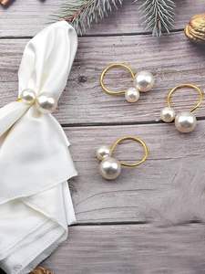 Anneau de serviette en métal doré de luxe moderne de qualité supérieure, double perle, élégant, décoration de table, magnifique pour les mariages, les fêtes et les dîners - Product Image 3