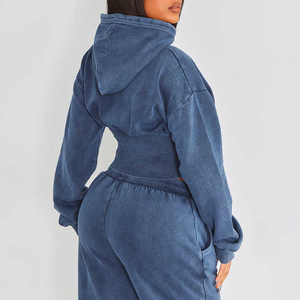 Women's 2 Piece Hooded <b>Crop</b> <b>Top</b> & Wide Leg Jogger Pants <b>Set</b> Solid Color Knitted Casual Loose Fit Winter Wear - Product Image 5