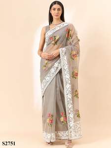 Dernier Designer Organza Soie Brodé Imprimé Saree par Fab zone - Product Image 5