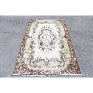 Turkish Vintage Rug 3.9x6.4 ft, <b>Brown</b> Area Abstract <b>Wool</b> Rug - Product Image 1