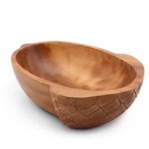 Cuenco decorativo de madera con textura de hojas talladas que añade calidez, carácter orgánico y encanto artesanal a la decoración de interiores del hogar. - Product Image 1