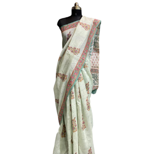 Handblock Printed Chanderi Saree with Floral Motifs Lightweight Festive & Wedding Wear for Best Wholesale <b>Price</b> - Product Image 1