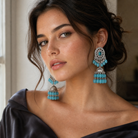 Ensemble de boucles d'oreilles Jhumka bohèmes indiennes en alliage de zinc, longues pampilles pendantes, bijoux ethniques gypsies, coffret cadeau pour femmes