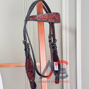 Custom Western Horse Headstall Rich Brown Hand Tooled cuero de vaca banda para cejas con correas ajustables y diseño de tallado floral - Product Image 1
