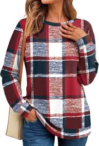 Sweatshirts à col rond en plaid rouge et bleu pour femmes, tendance, hauts à manches longues unis pour femmes avec poches, mode - Product Image 5