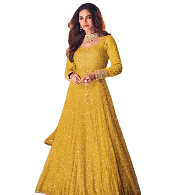 Abito lungo ricamato in Georgette pakistana di colore giallo di design indiano Salwar Kameez per matrimonio e festa per le donne