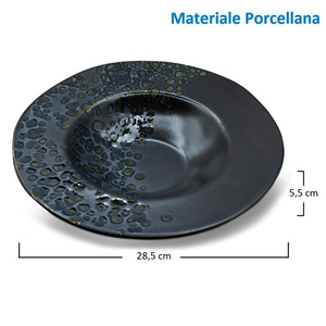 Lot de 6 assiettes creuses élégantes en porcelaine noir bleu or de 28.5 cm allant au micro-ondes pour les pâtes et les desserts gastronomiques. - Product Image 2