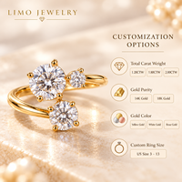 Bague ouverte asymétrique à trois pierres en diamant de laboratoire taille ronde 1,8 carats en or jaune 14 carats, bijoux personnalisés OEM ODM en gros