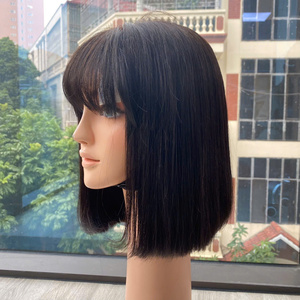 Lace Front <b>Long</b> <b>Wig</b> Natural Black Virgin Remy Hair with Bangs for Lace Transparent Cap 250% Density Average Size - Product Image 4