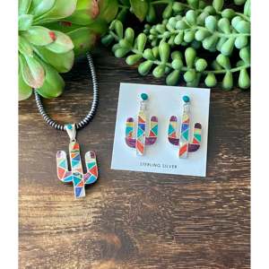 Southwest Handmade Turquoise & <b>Silver</b> Inlay Pendant <b>and</b> <b>Earring</b> <b>Set</b> - Product Image 1