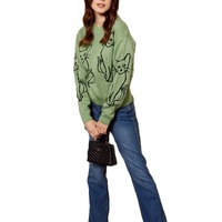 Pull col rond femme automne/hiver 2026, imprimé chat mignon, boutonné, coupe ample, style décontracté et élégant, chaud, 100 % acrylique