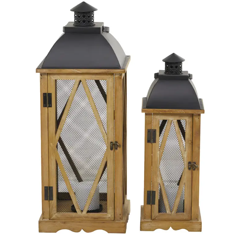 Lot de 2 lanternes bougeoirs décoratives en bois naturel avec dessus en métal offrant un style d'inspiration magnifiquement classique à votre maison
